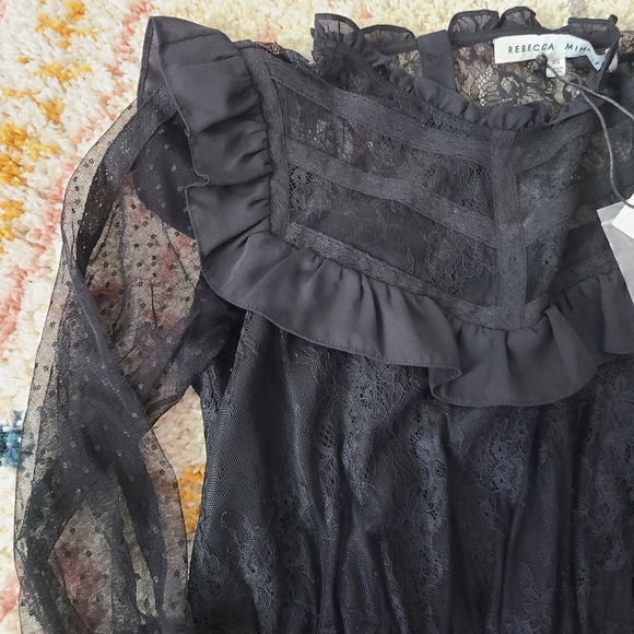 NWT Rebecca Minkoff Black Tabitha Lace Ruffle Long Sleeve Blouse Size XS - Picture 3 of 9